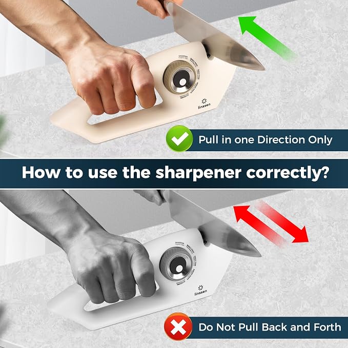 Knife Sharpener with Adjustable Knob, 5-Stage Handheld Premium Kitchen Knife Sharpener Tool, Diamond/Ceramic/Steel Sharpening Stone for Pocket Knives, Chefs & Serrated Knives, Scissors, White