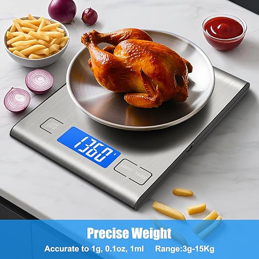 33lb Rechargeable Food Scale, Diyife 304 Stainless Steel Digital Kitchen Scale, 7.5 * 5.5 in Weight Grams and Ounces for Baking, Cooking, 5 Units with Tare Function, LCD Display, 2 AAA Batteries