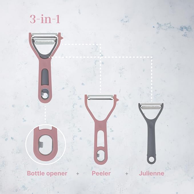 Vegetable Peeler 3-Piece Set – Swivel Cutter, Y-Shaped Slicer, and Julienne Peeler with Bottle Opener and Built-in Eye Remover – Stainless Steel Blade with Comfortable Handle for Kitchen – Pastel Pink