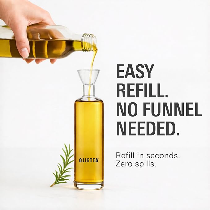 Olive Oil Dispenser Bottle 8.5 fl oz - Borosilicate Glass Non-Drip Pourer | Olietta Ground-Glass Seal, Leakproof Airtight, Dishwasher Safe, Oil Bottle for Kitchen, Table, Vinegar Drizzler, Easy Clean