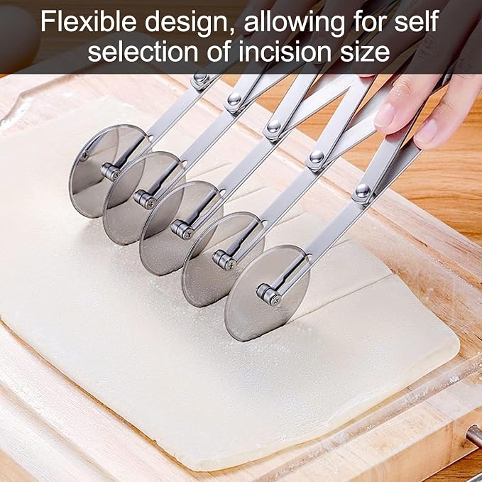 5 Wheel Pastry Cutter Expandable Adjustable Pizza Slicer Stainless Steel Dough Fudge Cutter Cookie Divider with Handle | Stainless Steel Dough Fudge Cutter Cookie Divider with Handle