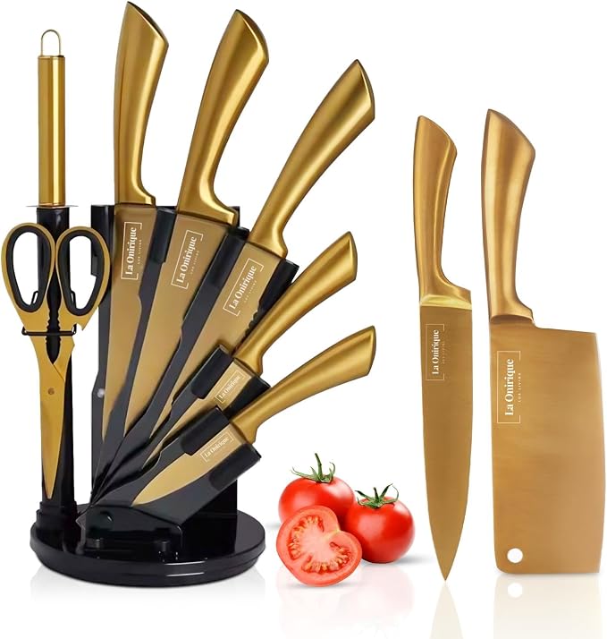 Luxury Black & Gold Kitchen Knife Set with Block & Rod Sharpener – 8-Piece Titanium-Coated Stainless Steel Knives, Ultra Sharp Chef Knife Set, Ideal Knives Set for Kitchen