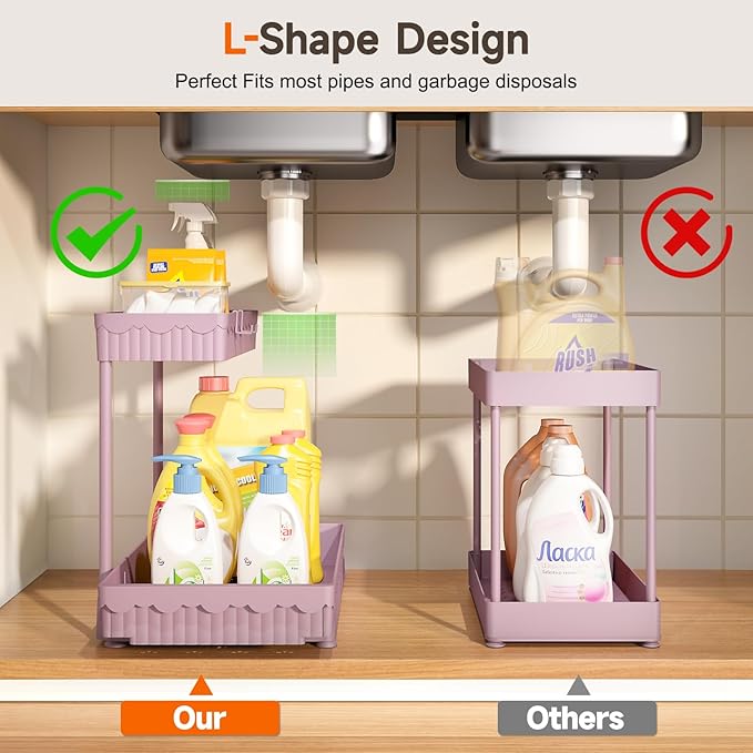 3-Pack 2-Tier L-Shaped Under Sink Organizers with Sliding Drawers | Multi-use kitchen & bathroom storage, 14.85 inch pink cabinet organizer, space-saving sliding drawer design.