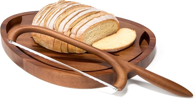 Nambé x Tom Papa Breaking Bread Serrated Knife, Handcrafted Stainless Steel Blade with Acacia Wood Handle - Long 17" Bread Cutting Knife with Protective Sleeve for Baking & Serving