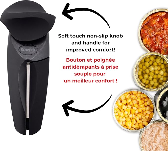 Starfrit MightiCan Can Opener, Safe Smooth-Cut Design, Holds Lid and Leaves No Sharp Edges, Comfort Grip Handle, Heavy-Duty Non-Slip Knob, 3-Year Warranty, Black