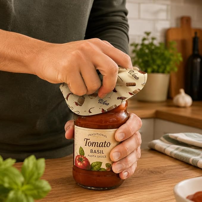 Andreas Silicone Jar Opener, Unwind with Wine – 6.25" Non-Slip Lid Gripper & Garlic Peeler, Food and Dishwasher Safe, Multi-Use, Durable Silicone & Fabric, Made in the USA, JO-953