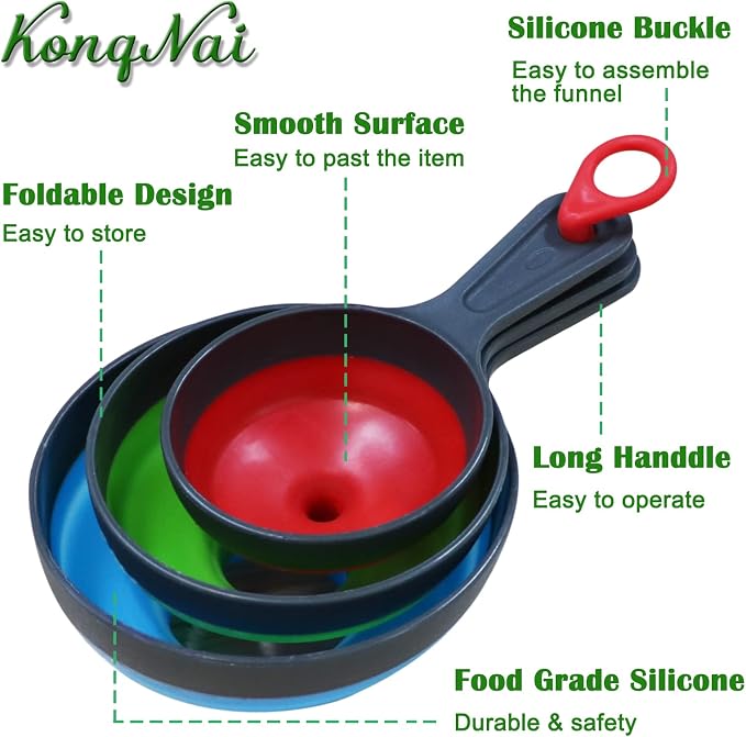 KongNai Silicone Collapsible Kitchen Funnels 4 Pack + Wide Mouth Canning Funnels 3 Pack