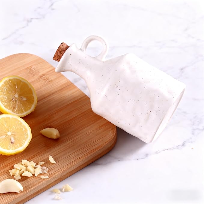 White Ceramic Olive Oil Dispenser with Cork Stopper 13.5 Oz Hand crafted | Reactive Glaze Texture Oil Pot, Leak - Proof Small Hole Spout for Kitchen, Ideal for Vinegar, Wine, Soy Sauce, Lemon Juice