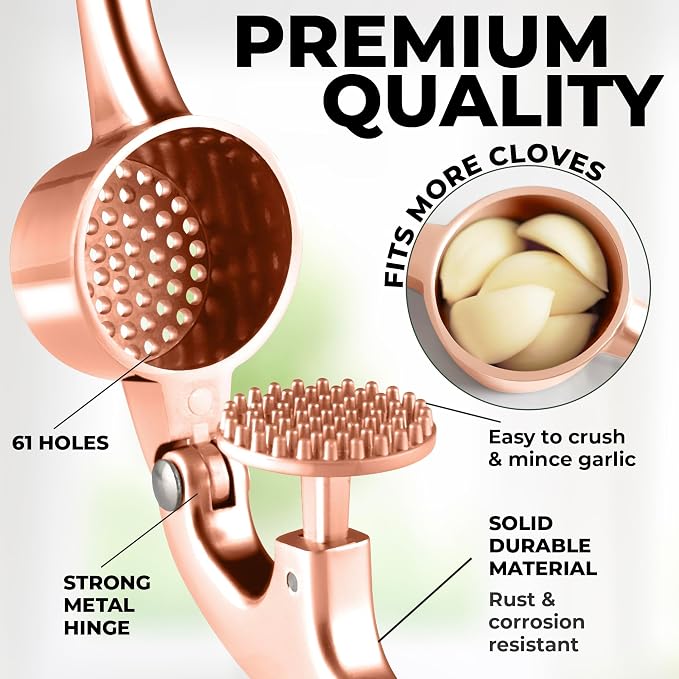 Zulay Kitchen Large Premium Garlic Press Set - Bigger Bowl for Bigger Garlic - Rust Proof Garlic Mincer Tool - Easy-Squeeze, Easy-Clean Silicone Garlic Peeler & Brush (Rose Gold)
