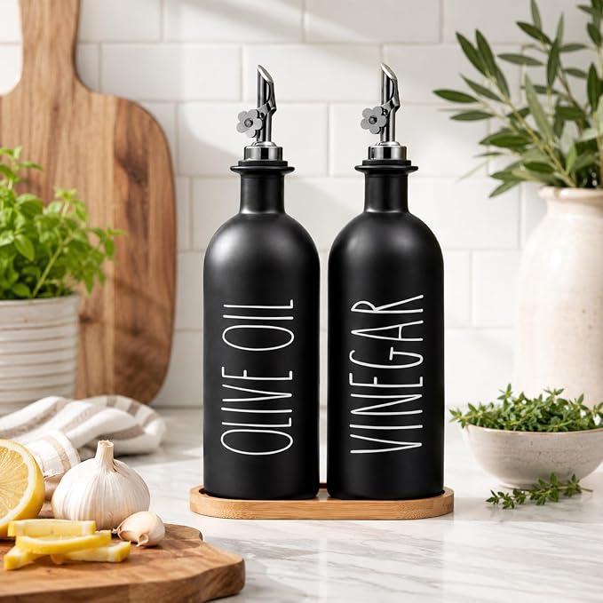 HOMCDALY 16oz Olive Oil Dispenser Bottles for Kitchen, Glass Black Oil&Vinegar Dispenser Set, Kitchen Olive Oil Bottles with Bamboo Tray| Set of 2 (16oz-P-Black)