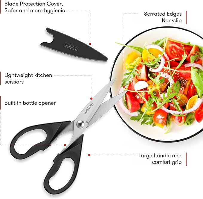 All Purpose Kitchen Shears with Protective Sheath Durable Stainless Steel Scissors, Dishwasher Safe, Soft Grip Comfort Handle