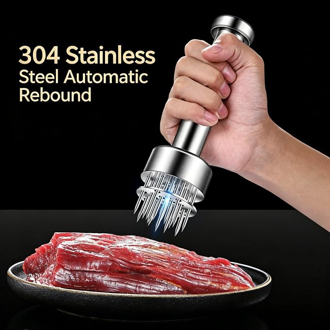 Meat Tenderizer Tool, 21 Sharp Needles Auto-Rebound Meat Tenderizer, Premium 304 Stainless Steel Steak Tenderizer with Comfort Grip Handle, Dishwasher Safe for Beef, Chicken, Turkey, Pork & Salmon
