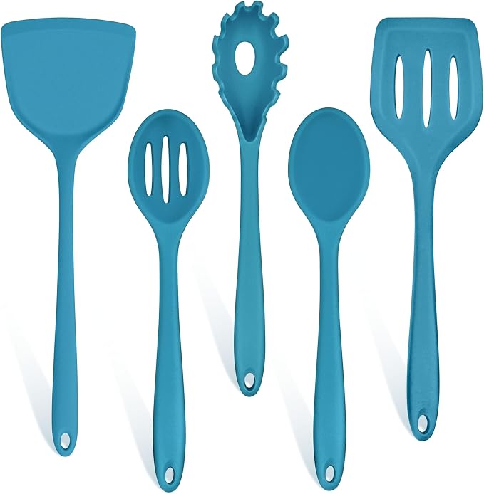 TeamFar Silicone Cooking Utensils Set, 5-Piece Heat Resistant Kitchen Utensils Set, Nonstick Slotted Solid Spoon Turner Pasta Server for Frying, Serving, Mixing, Non-Toxic & Dishwasher Safe, Dark Blue
