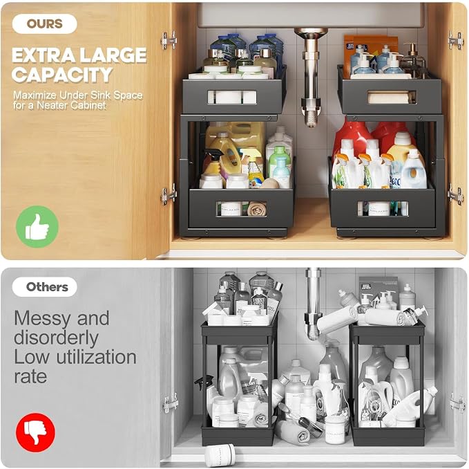 2 Packs 17IN Depth Under Sink Organizer, 2-Tier Pull Out Cabinet Organizer With Smooth Circular Rail, Large Capacity Metal Mesh Sliding Drawers For Bathroom& Kitchen Storage,Height Adjustable –Black