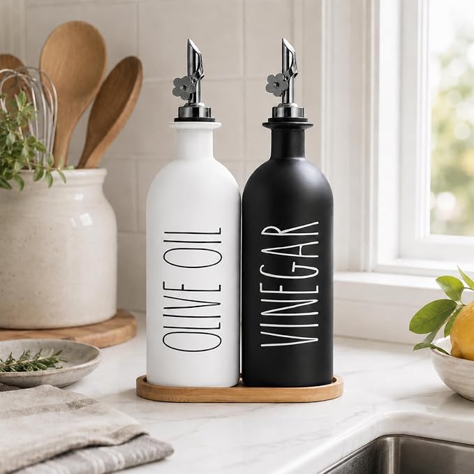 HOMCDALY 16oz Olive Oil Dispenser Bottles for Kitchen, Glass Oil Dispenser for Kitchen with Bamboo Tray, Oil&Vinegar Dispenser Set | Set of 2 (16oz-P-Black&White)