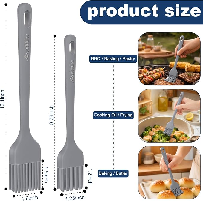 Silicone Basting Brush Set, 2-Pack Food-Grade BPA-Free Pastry Brush, 446°F Heat Resistant with Reinforced Inner Core, One-Piece Design for BBQ, Grilling, Baking, Butter, Marinades & Oil (Gray)