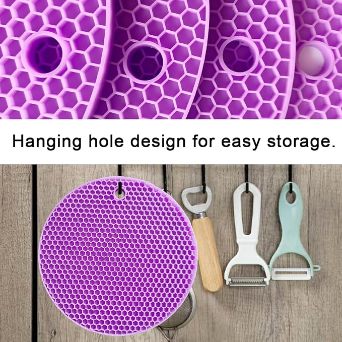 7-Inch Round Silicone Trivet Mats - 4-Pack Non-Slip Heat Resistant Hot Pads for Kitchen Countertops, Pots and Pans (Purple)