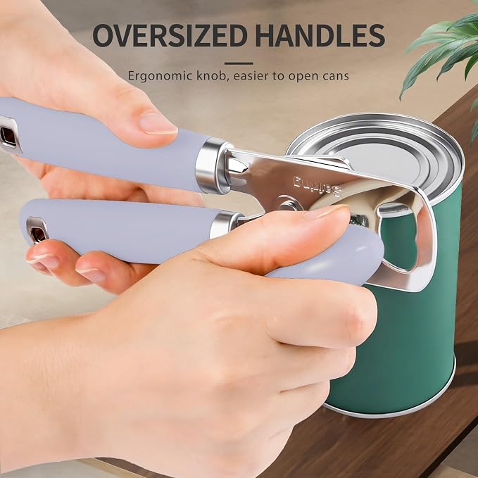 Safring Can Opener Manual, Heavy Duty Stainless Steel Smooth Edge Can Opener With Soft Touch Handle, Oversized Handheld Easy Turn Knob, Multi-Function Bottle Opener, Lavender
