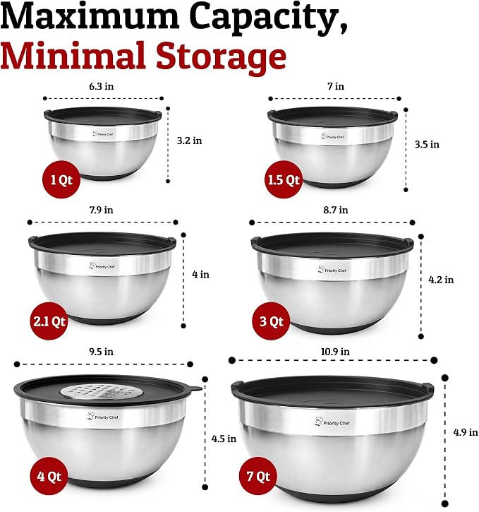 Priority Chef 6pc Stainless Steel Mixing Bowls with Lids Set, 7 Qt, Black | 6pc Non-slip nesting bowls 1-7 qt, 3 graters & interior measurement marks; for meal prep, baking & airtight fridge storage