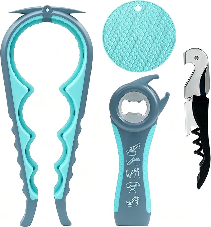 Jar Opener & Bottle Opener for Seniors, Arthritis, Weak Hands, Non Slip Lid Grip Remover, Effortless Twist,4-in-1 Multi Purpose Kitchen Tool(Blue)
