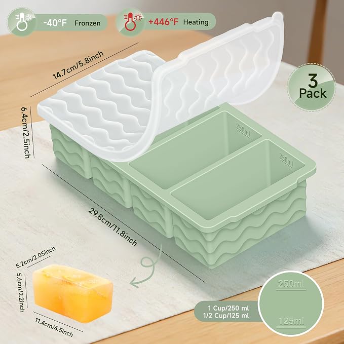 3-Pack Silicone Freezer Trays with Lid, Soup Freezer Container Molds, Silicone Freezer Molds, Ice Cube Tray for freezing Soup Sauce Broth Leftovers, Dishwasher & Oven Safe, BPA Free (1-cup,green)
