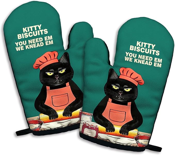 Kitty Biscuits You Need Em We Knead Em, Funny Silicone Non-Slip Oven Mitts Sets of 2, Retro Baking Mitts, Bake Lover Gift, Cat Lover Gift, Kitchen Gift for Cat Owner