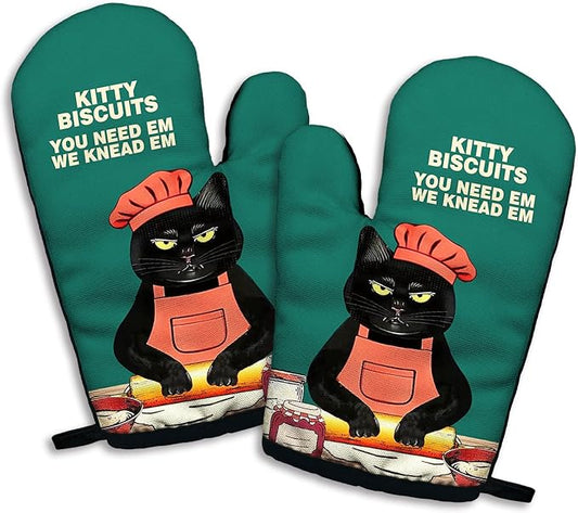 Kitty Biscuits You Need Em We Knead Em, Funny Silicone Non-Slip Oven Mitts Sets of 2, Retro Baking Mitts, Bake Lover Gift, Cat Lover Gift, Kitchen Gift for Cat Owner