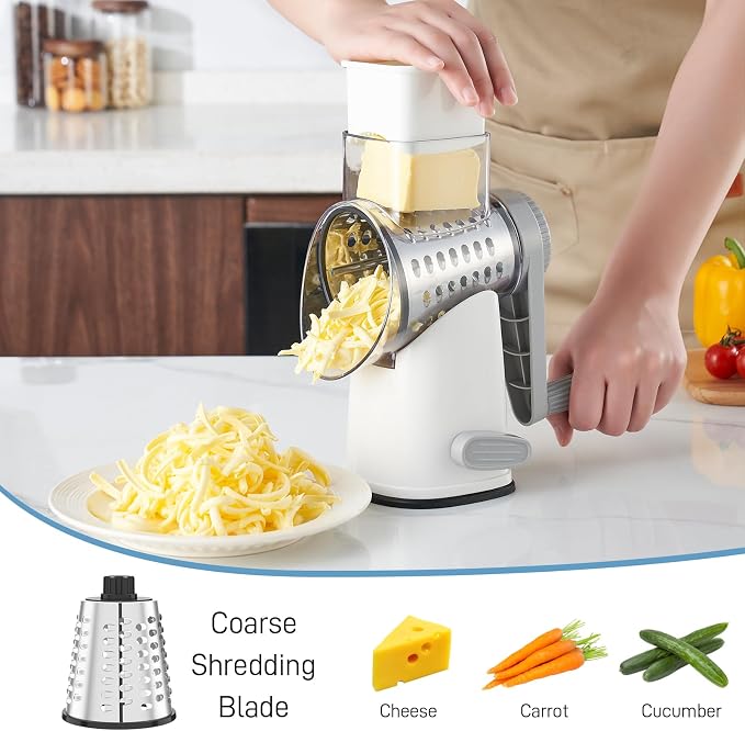 VEKAYA Rotary Cheese Grater Hand Crank with 4 Interchangeable Stainless Steel Blades, Large Manual Handle Shredder and Waffle Slicer for Vegetables, Cheese and Nuts with Table Suction Base(White Grey)