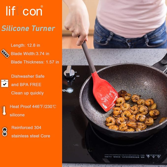 Liflicon Flexible Silicone Turner Spatula with Food Grade Silicone Heat Resistant Up to 446 Degree Fahrenheit Best Silicone Kitchen Utensils Turner for Cooking-Chacha Turner