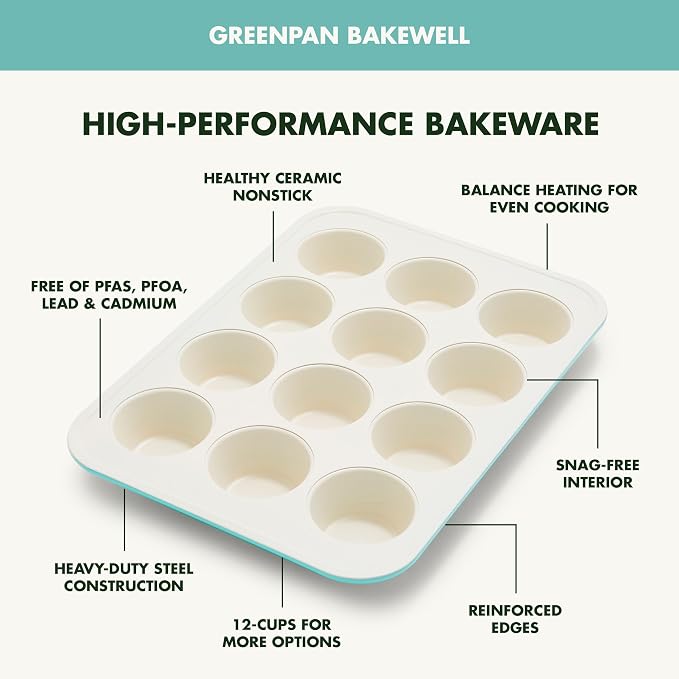 GreenPan Bakewell 12-Cup Muffin Pan, Healthy Ceramic Nonstick Bakeware, PFAS-Free Cupcake Mold, Durable Baking Tray, Versatile Kitchen Essentials, Easy Clean Ovenware, Turquoise