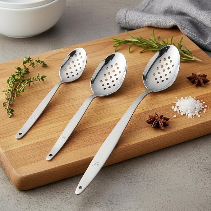 3-PCS Kunz Spoon | 9 Inch 18/10 Stainless Steel Serving Spoons Set Include Serving Spoon, Slotted and Perforated Spoons (Large Medium and Small, Kunz Perforated Spoon Set (3 Piece))