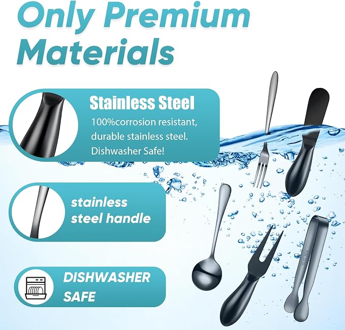 Patelai Charcuterie Board Accessories Cheese Spreader Knife Set Charcuterie Utensils Butter Knife Stainless Steel Mini Serving Tongs Spoons Appetizer Forks for Pastry(Black,20 Pieces)