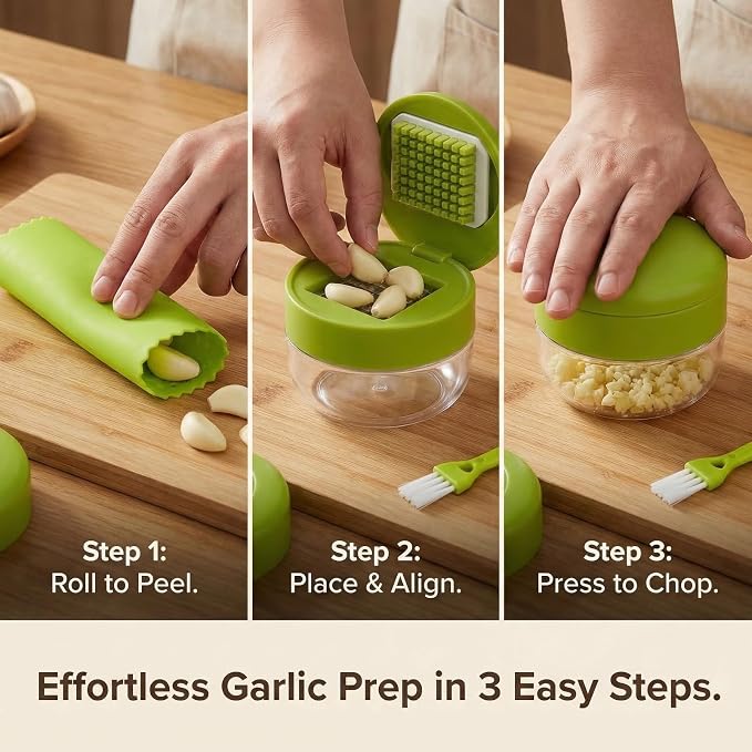 3-in-1 Garlic Press Set, Stainless Steel Garlic Mincer with Garlic Peeler & Cleaning Brush, Garlic Crusher Tool with Storage Container for Kitchen Cooking (Green)