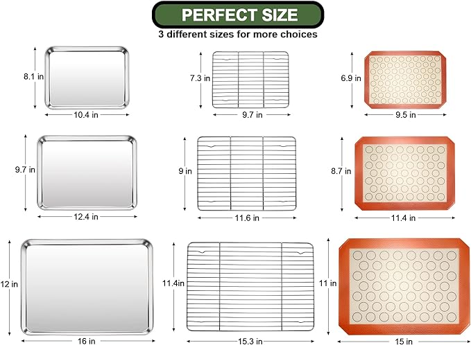 Baking Sheet Tray Cooling Rack with Silicone Baking Mat Set, Stainless Steel Cookie Pan For Oven, Set of 9 (3 Sheets + 3 Racks + 3 Mats), Warp Resistant & Heavy Duty & Easy Clean, Red