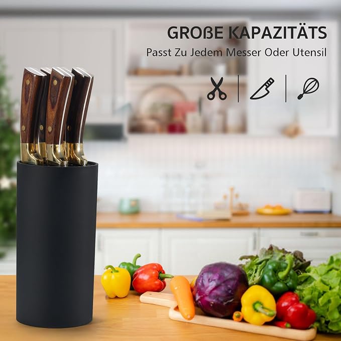 Knife Block Without Knives, Cheerhom Universal Round Knife Block Black, Knife Blocks with Bristles, Empty Knife Block for Kitchen, Kitchen Knife Holder for Easy Cleaning, 20 x 11 x 11 cm, (V1)