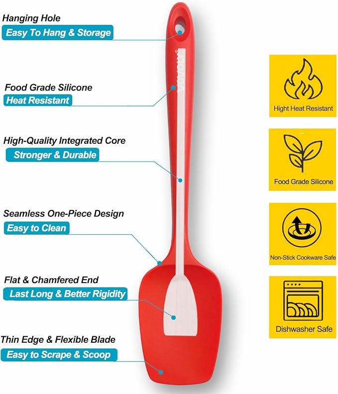 Silicone Spatula Set, High Heat Resistan Rubber Spoon Spatula, Non-Stick Spoonula with Seamless One Piece Design, Flexible Scrapers Baking Mixing Tool,3 Pack,Red