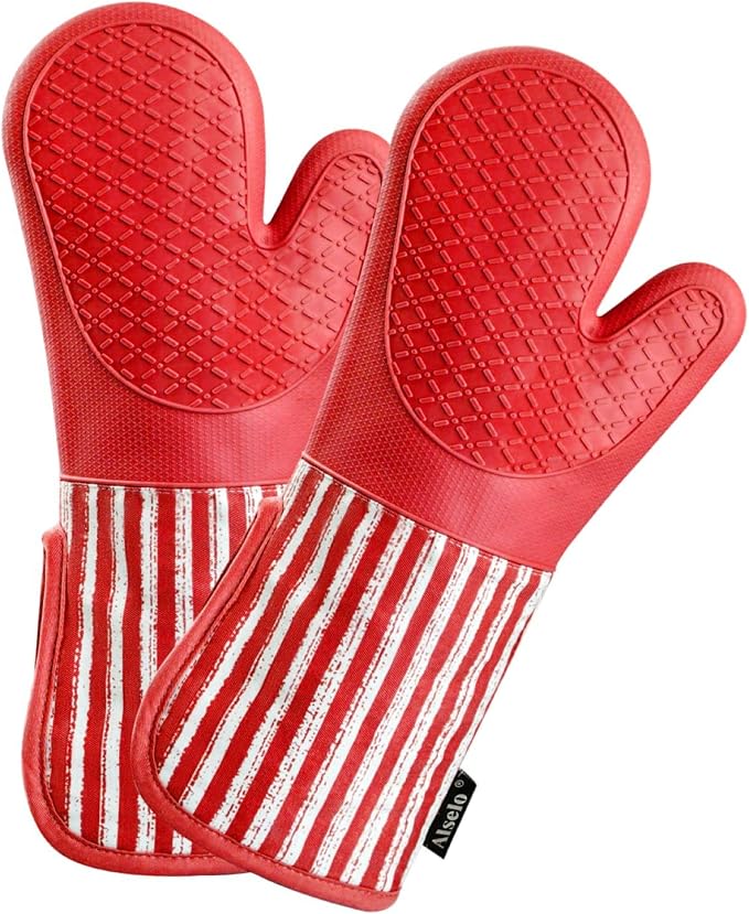 Alselo Silicone Oven Mitts Heat Resistant 932℉ with Waterproof & Non-Slip Kitchen Mittens, Set of 2 Extra Long Oven Gloves with Soft Cotton Terry Lining for Baking Cooking Barbecue (2, Red Mitts)