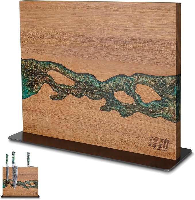FINDKING Magnetic Knife Block, Double-Sided Knife Holder with Strong Magnets, Acacia Wood and Golden Green Resin, Countertop Kitchen Knife Storage Stand (12 × 10 Inches, Without Knives)