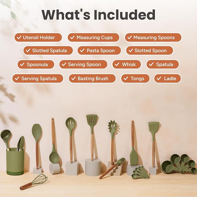 Silicone Kitchen Utensils Set & Holder: Cooking Utensils Set - Kitchen Essentials for New Home & 1st Apartment- Silicone Spatula Set, Cooking Spoons for Nonstick Cookware (Acacia Wood, Green)