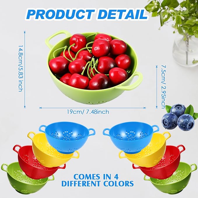 Baderke 4 Pack Mini Colander for Kitchen Plastic Berry Strainer with Double Handles 7.5 x 6 x 3 Inch Small Colander Strainer for Fruits Vegetables Food (Green,Red,Blue,Lemon Yellow)