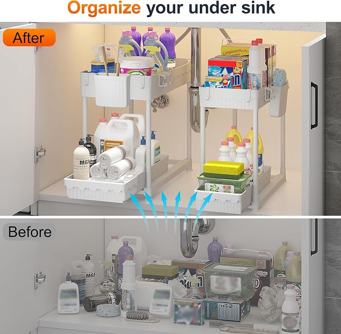 4-Pack 2-Tier Under Sink Organizer with Pull Out Drawers | Multi-use kitchen & bathroom storage. Includes hanging hooks and cups. White, space-saving cabinet design. 14.8 Inch