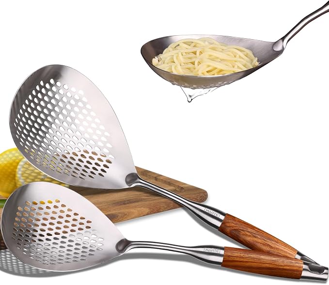 MARTE Skimmer Slotted Spoon,304 Stainless Steel Pasta Spider Strainer Ladle for Frying and Cooking,Kitchen Colanders & Food Strainers Set of 2，Slotted Spoon with Heat-Resistant Solid Wood Handle