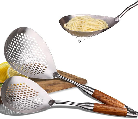 MARTE Skimmer Slotted Spoon,304 Stainless Steel Pasta Spider Strainer Ladle for Frying and Cooking,Kitchen Colanders & Food Strainers Set of 2，Slotted Spoon with Heat-Resistant Solid Wood Handle
