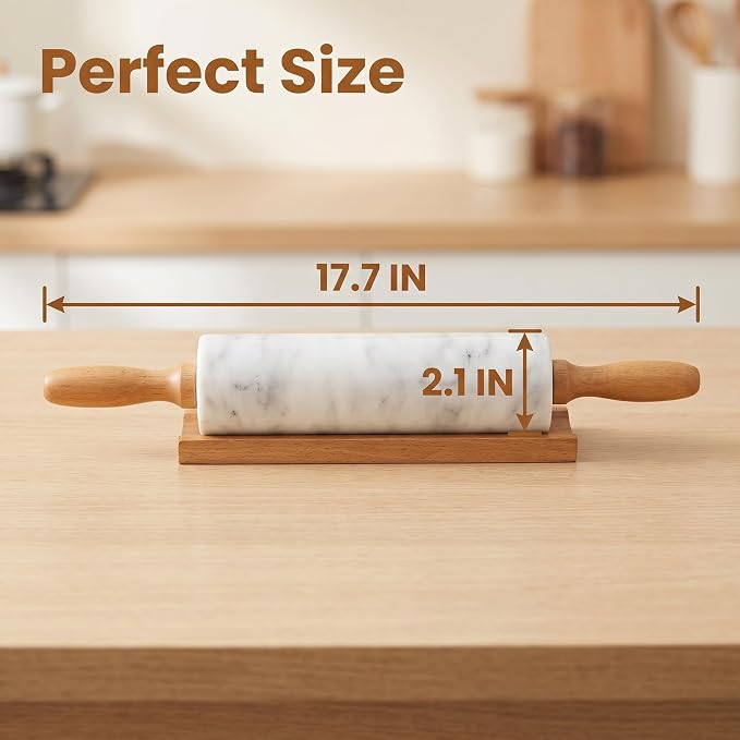 White Marble Rolling Pin for Baking 10inch Barrel，Dough Roller | With Wooden Handles & Wood Cradle, Non-Stick Dough Roller for Pizza, Pasta, Fondant, Pie Crust, Pastry & Cookies