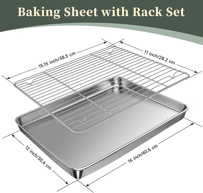 Baking Sheet with Rack Set (2 Pans + 2 Racks), 16 x 12 x 1 Inch Stainless Steel Cookie Sheet Baking Pan Tray with Cooling Rack, Jelly Roll Pan with Wire Rack, Warp Resistant & Heavy Duty & Rust Proof