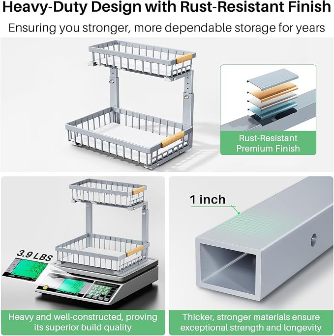 Kitstorack Under Sink Organizer, 2 Tier Under the Sink Storage, Slide out Pull out Cabinet Organizer Shelf, Metal Sliding Drawer for Kitchen Bathroom Pantry Closet Organization Rack, Grey, 2 Pack
