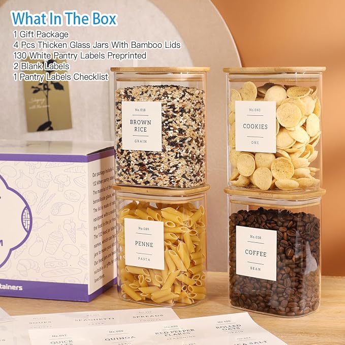 4 Pack Square Glass Pantry Storage Containers with 132 Kitchen Food Pantry Labels - 34 floz Clear Glass Pantry Jars with Airtight Wood Bamboo Lids - Glass Canisters for Tea, Cereal, Coffee, Spice