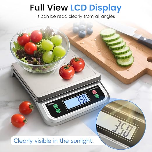 88lb Food Scale Stainless Steel with 6 Unit and Tare PCS Funtion | Commercial Kitchen Scale, with Full View LCD Display Large Kitchen Scale for Baking, Cooking, flour, fruits Silver