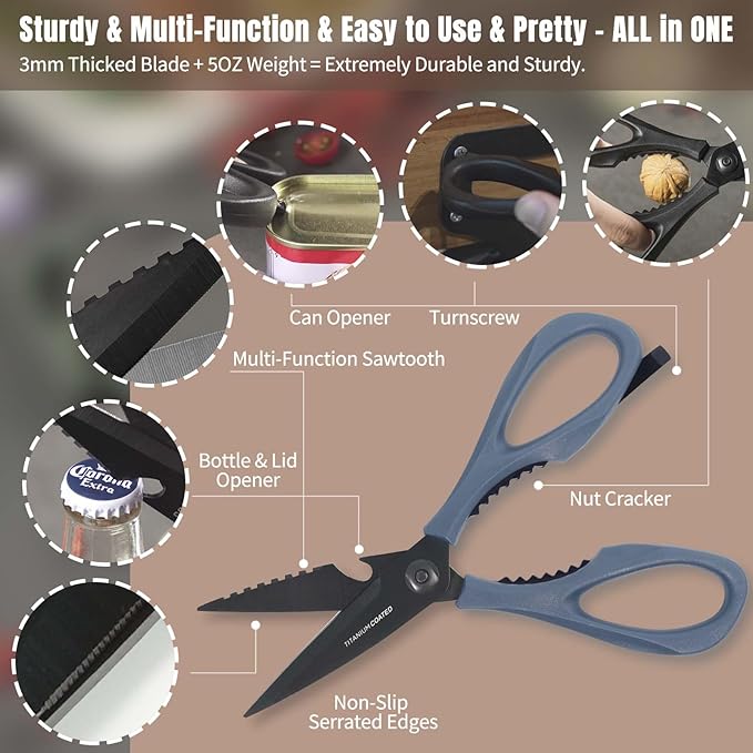Kitchen Scissors All Purpose, Extra Sharp Kitchen Shears with Knife Sharpener & Sheath, Solid & Durable Stainless Steel Scissors with ANTI-RUST Black Titanium Plated, Dishwasher Safe - Blue