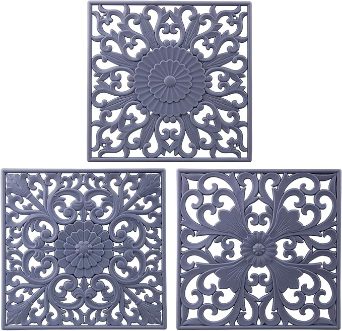 Silicone Trivets for Hot Dishes-Pots&Pans, Multi-Use Carved Trivet Mat, Insulated Silicone Mats, Flexible Square Trivet for Countertop&Tabletop, Pot Holders Hot Pads Set 3 Grey